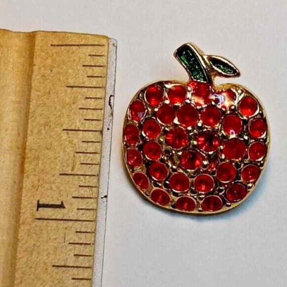 Vintage Rhinestone Red Apple Brooch Unsigned Pin Jewelry Accessory Jewellry - Picture 4 of 5